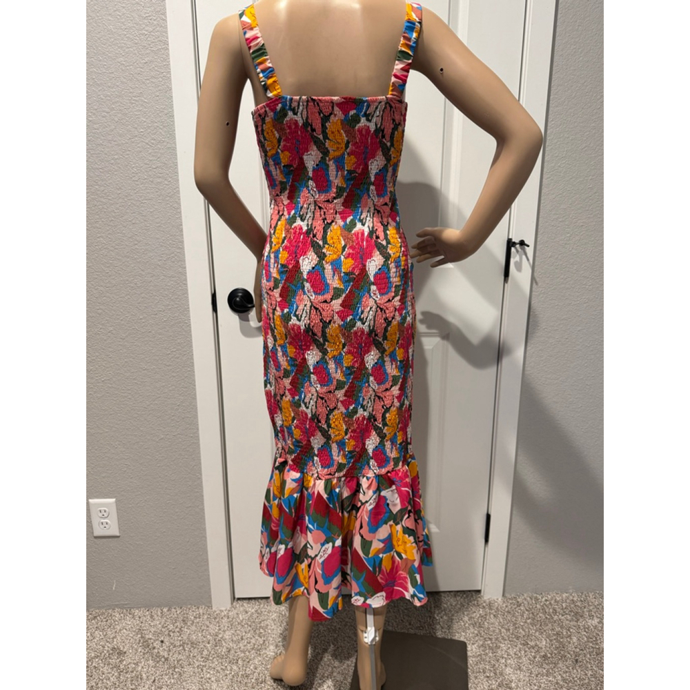Women's Unbranded Midi Sun Dress S Pink Multi-color Floral Smocked - Picture 4 of 10
